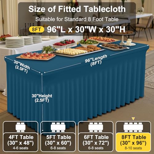 Image of Smiry Spandex Elastic Fitted Table Cloth Skirt for 8FT Rectangle Table | Stretch Washable Table Cloth, Banquet Table Cover for Wedding, Party, Indoor & Trade Shows, (Peacock Blue, 96Lx30Wx30H)