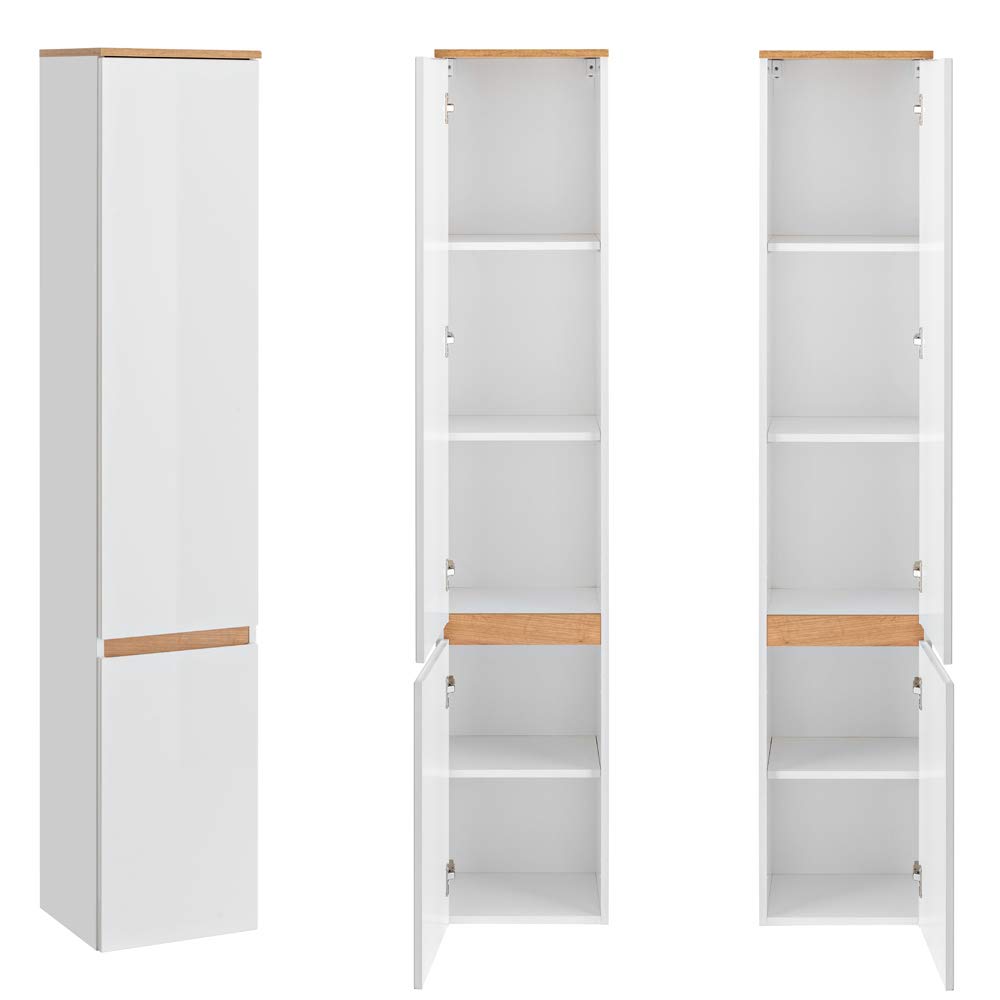 Lomadox Badmöbel Komplett Set, 80cm Unterschrank mit Keramik Waschbecken, Hochglanz weiß mit Wotaneiche, 2 Hochschränke und LED-Spiegelschrank