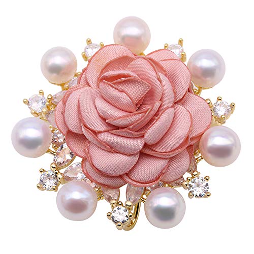 JYX Pearl Red Rose Brooch Pin Flat Round White Pearl Brooch Pin Wedding Bridal Scarf Party Dress Bride Jewelry Gifts Bridesmaid Brooch Pins for Women (ROSE 3)
