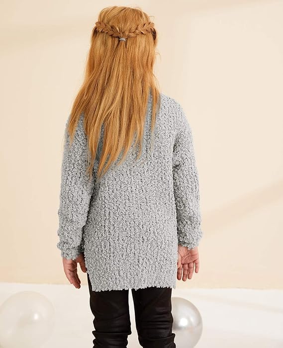 Tankaneo Girls Fuzzy Fleece Suéter cálido Cuello Redondo Sudadera Suelta con Abertura Lateral Gruesa Top de Color sólido