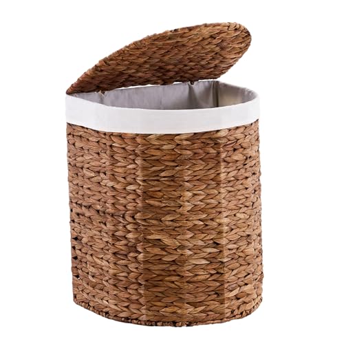 LGENHOOM Half Moon Laundry Basket with Lid and 2 Replaceable Liner Bags, Handwoven Water Hyacinth Laundry Basket Natural Wicker Hamper for Dirty Clothes, Espresso