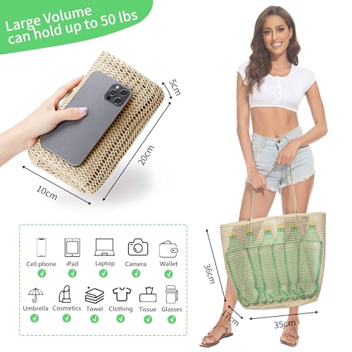 Image of KALIDI Beach Nylon Mesh Tote Bag, Casual Tote Bag Hobo Women Foldable MAX 23L Shoulder Bag For Beach Picnic Vacation