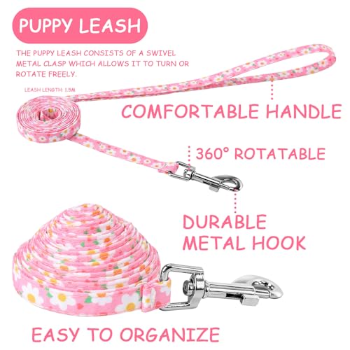 3 Pack Dog Collar and Leash Set, Puppy Collar and Leash Adjustable Floral Dog Collars for Small Dogs Soft Pet Collar for Puppy Small Dogs (Green,Pink,Yellow) - Image 5