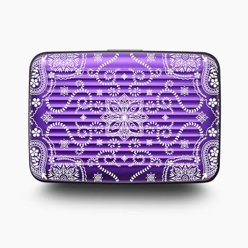 Image of OGON -DESIGNS- Aluminum card holder, RFID protection against fraud and demagnetization, compact wallet, Smart Case STOCKHOLM model (Engraving Bandana Purple, Extra-secure lock)