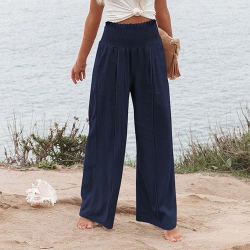 Womens Linen Pants 2025 Summer Casual Loose Wide Leg Palazzo Pants Smocked High Waist Flowy Beach Trousers3