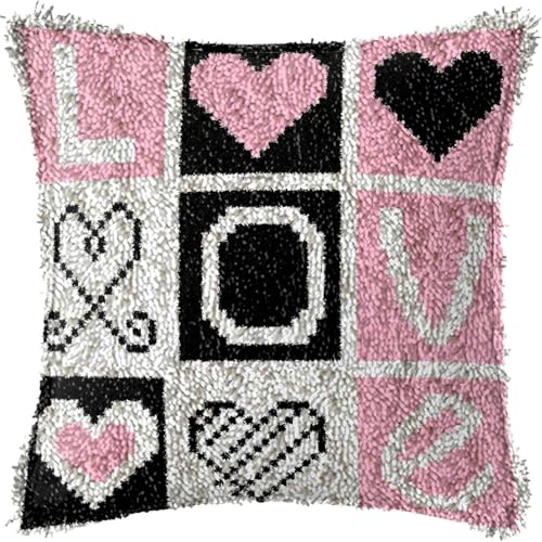 Image of ZFFLYH Love Latch Hook Pillow Kits for Adults Beginners Pre-Printed Cushion | Home Sofa Cushion Cover Preprinted Canvas Crochet Yarn Kits Needlework Crafts Festival Gift for Adults Beginner 17X17 Inch