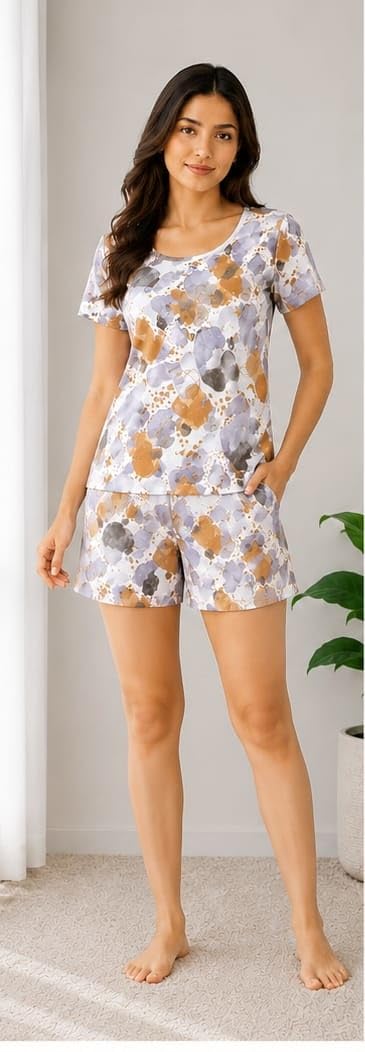 Printed Night Suit for Women, Loose Fit, Viscose Rayon, Short Sleeve Top with Nikkar Set (Orange, 3XL)-image-48