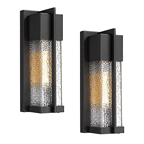 Exclusive KAUEN Outdoor Wall Light, Exterior Wall Mount Lantern, Porch Light in Textured Black Finish with Water Ripple Glass 2418-1W-2PK