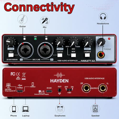 Image of HAYDEN HARLETT 2i2 3rd Gen USB Audio Interface, 2-In 2-Out Recording Sound Card, 32-Bit /192kHz, 48V Phantom Power, XLR /TRS Combo Inputs, Studio Audio for Guitar, Vocals, Podcast & Streaming