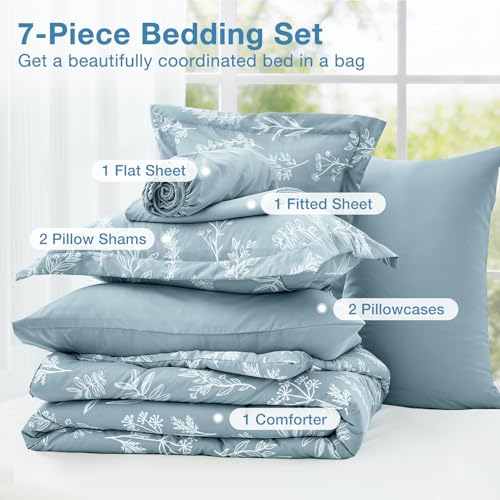 Image of MUXHOMO Mineral Blue Full Comforter Set, Elegant Floral Print Bed in a Bag 7 Pieces, Ultra Soft & Breathable Reversible Botanical Pattern Bedding Set with Comforter, Sheets, Pillowcases, and Shams
