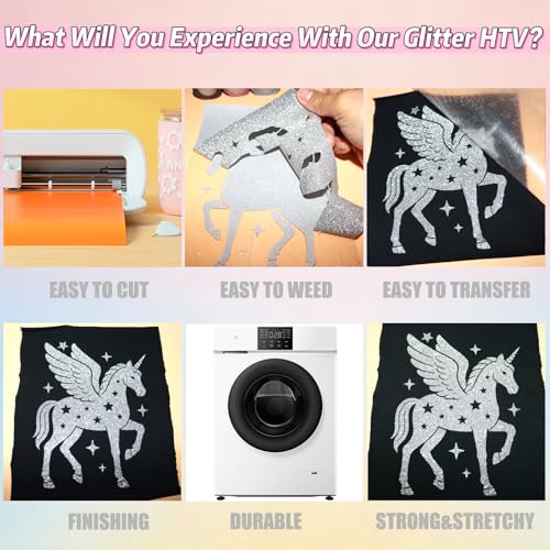 Image of Silver Glitter Heat Transfer Vinyl Glitter HTV Vinyl Rolls Pack 12 Inch x 5 Feet Iron on Vinyl for Cricut T-Shirts DIY Design, Silhouette Cameo & Heat Press Machine(Glitter Silver Vinyl)