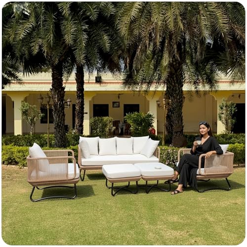 Image of Amazon Brand - Solimo Harbor Outdoor Rope Sofa Set | Balcony Sofa | Patio Conversation Sets | Braided Rope Garden Sofa Set and Ottoman (7 Seater - Beige)