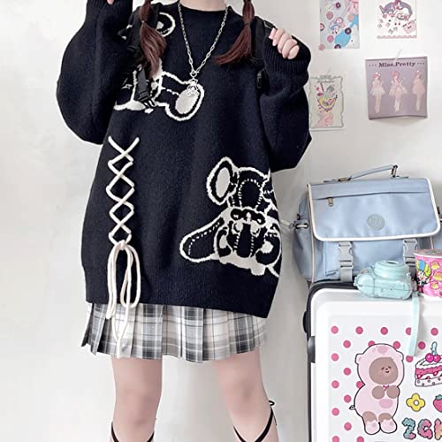 Image of Harajuku Style Kawaii Pastel Goth Fashion Oversized Long Sleeve Crewneck Knit Novelty Bear Print Sweater for Women M Black