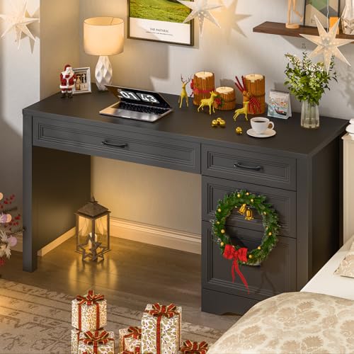 Image of Vabches Farmhouse Executive Desk with Storage and Ample File Drawer, Rustic Large Home Writing Desk for Bedroom, Pure Black