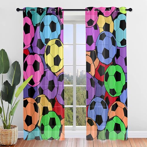 FANSU Lot de 2 Rideau Voile Rideau Voilage Imprimé Foot Ball, Translucides Rideaux pour Salon Coucher Voilage Fenetre Moderne Panneaux de Rideaux Intérieurs...