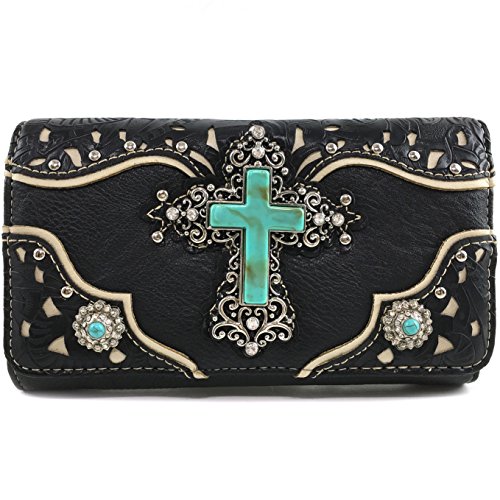 Justin West Tooled Leather Laser Cut Turquoise Rhinestone Cross Concho Studded Shoulder Tote Handbag Purse