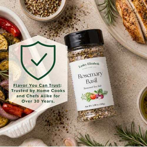 Image of Lesley Elizabeth Rosemary & Basil Seasoned Sea Salt Seasoning - Aromatic Herb & Sea Salt Blend - 8.4 oz (250 ml) PET Shaker Bottle for Poultry, Vegetables & Marinades