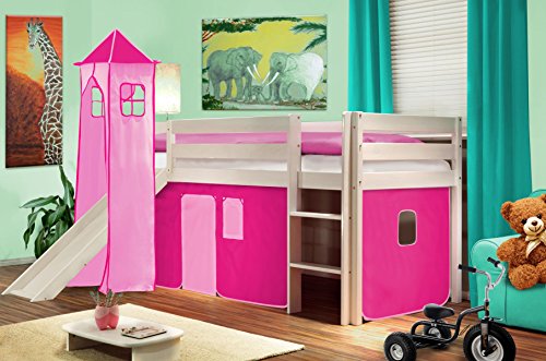 SixBros. Cama Alta de niños Cama de Juego con Torre y tobogán Pino Macizo Blanco - Fucsia -...