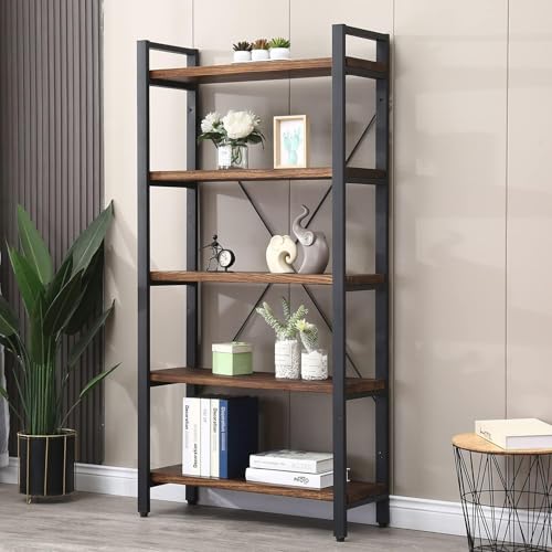 Image of 5-Tier Industrial Bookshelf with Solid Wood Shelves & Metal Frame | Open Display Storage Rack for Living Room, Bedroom, Office, Study | Book self | Rustic Brown | 80x30x160 cm