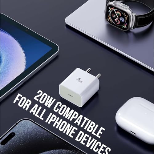 Image of Kratos 20W Original Charger with Lightning Cable Compatible with iPhone14 /13 /12 /11 /10 /9 /8 /7 /X /Xr Series, Cable Length 1.2 Mtr, MFi Certified Adapter | White