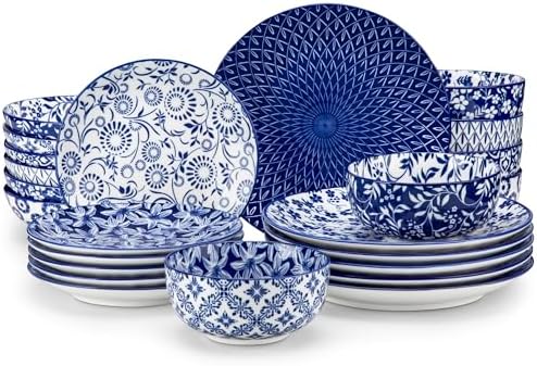 vancasso Selene Plates and Bowls Set, 24 Pieces Vintage Blue Porc...
