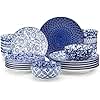 vancasso Selene Plates and Bowls Set, 24 Pieces Vintage Blue Porcelain Dinner Sets for 6 People Scratch Resistant Dinnerware Sets Crockery Set, Mircowave Dishwasher Safe Dishes Set