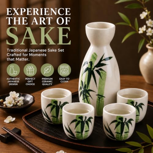 Image of Melbify Japanese Ceramic Sake Set - 5 Piece Bamboo Design Porcelain Sake Set with 1 Sake Bottle (Tokkuri) & 4 Sake Cups | Japanese Wine Set for Drinks, Shochu & Home Bar | House Warming | Gift Set