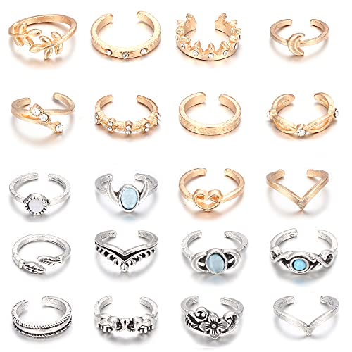 Fiasaso 20Pcs Sliver Gold Toe Rings Set For Women Summer Beach Open Toe Ring Set Flower Elephant Leaf Ring Bohemian Retro Vintage Jewelery #TOP23