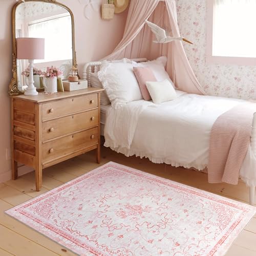 Pink Small Area Rug 3x5 for Entryway - Aesthetic Bow Washable Vanity Floral Mini Throw Rug for Bedside Girls Bedroom Classroom Kitchen Entry Way Front Door Indoor Entrance Inside House Bathroom