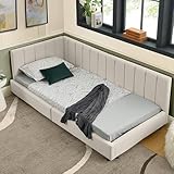 DRIXNO Polsterbett Kinderbett 90x200 cm, Jugendbett mit hoher Rückenlehne, Samtdesign, ideal für Kinderzimmer, Gästezimmer, Einpersonenapartments, Gästebett, Beige, Ohne Matratze