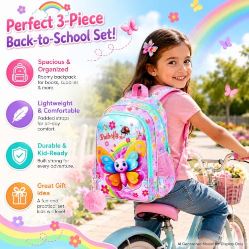 Image of AGSDON 3PCS Girls Butterfly Backpack, 16 inch Kids Backpacks and Lunch Bag Set for Girls, Water Resistant Elementary Bookbag for Toddler