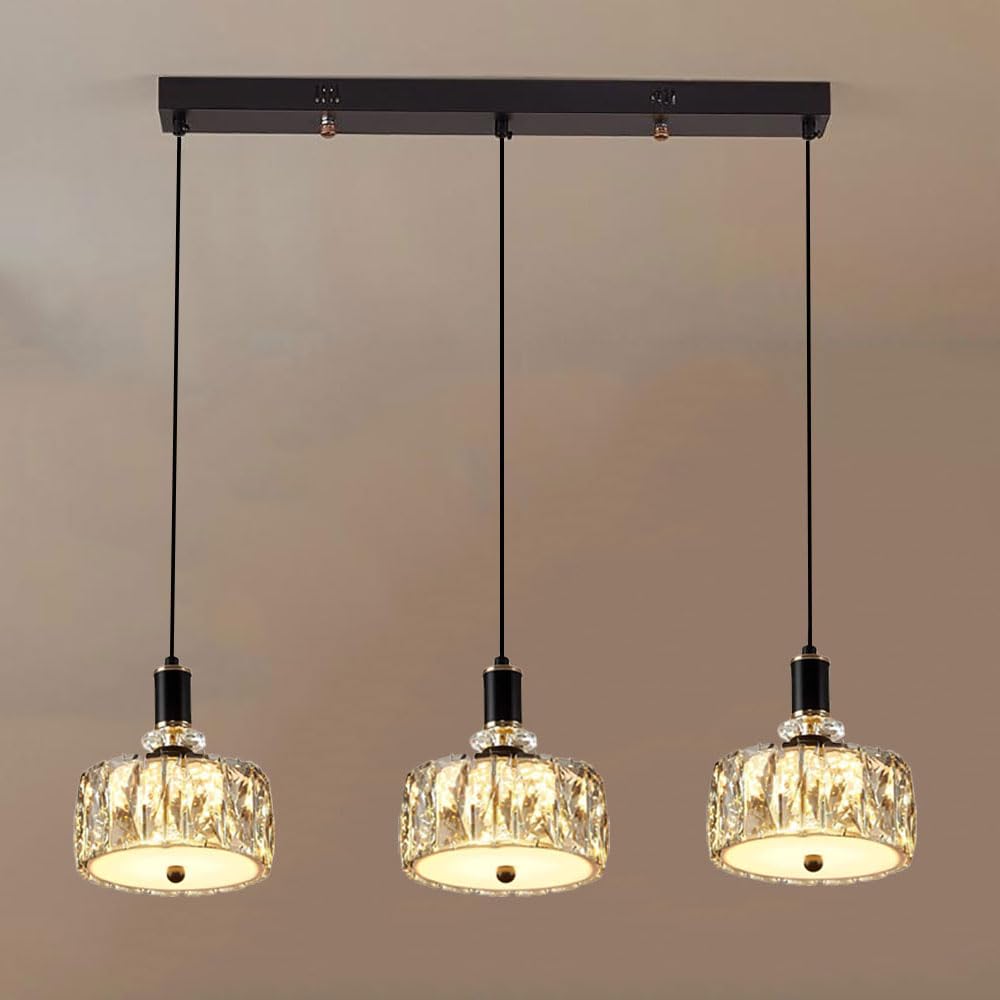Lámpara colgante de cristal de 3 luces de diseño refinado en metal negro mate