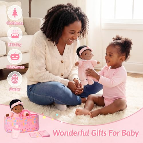 Image of OUOZZZ Baby Doll Accessories with Black Doll, Bassinet, Blanket and Bottle | Interactive Pretend Playset for Social Emotional Learning, Educational Toy for 2 Year Old Girls