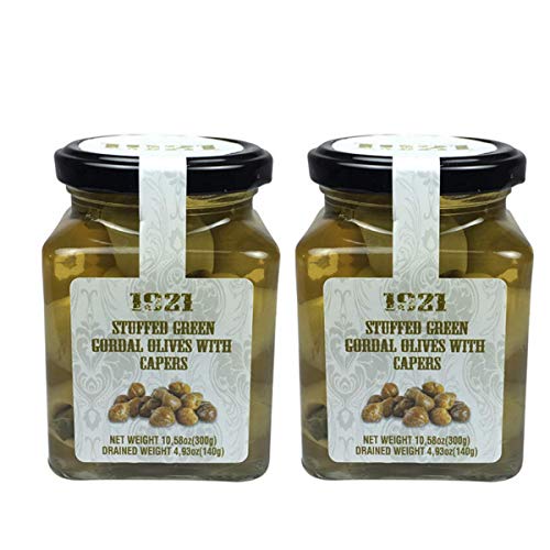 Two Pack Spanish Stuffed Olives With Capers 10.58oz | Gourmet Stuffed Olives Imported | Premium Class 80/100 Spanish Olives | Olives Pitted