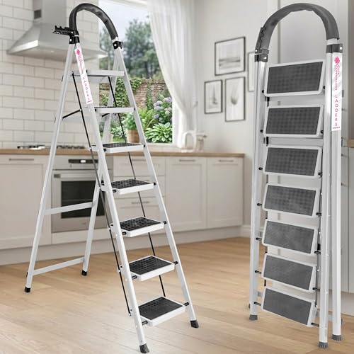 Image of Casa Copenhagen White 7 Step Ladder for Home Use with Built-in Tool Tray | Heavy Duty D Shape Rods | Ultra Large Platform | Wide Rubber Feet | 150Kg Capacity Foldable Ladder - 7 Years Warranty
