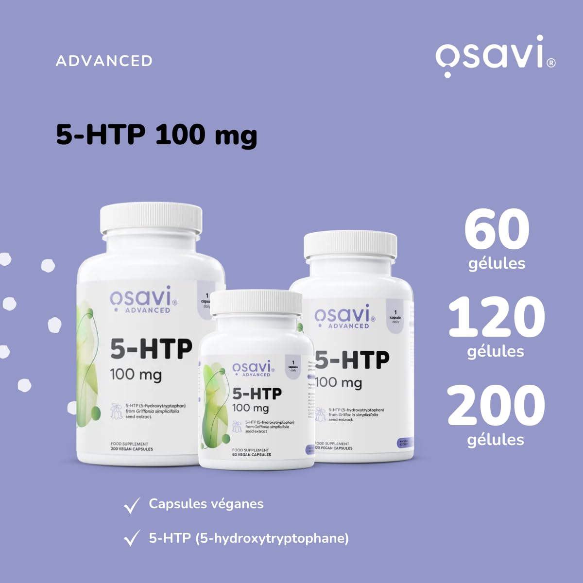 Osavi 5-HTP 100 mg – 200 Gélules Végétales | Extrait de graines de Griffonia simplicifolia | Standardisé à 30% 5-Hydroxytryptophane | Précurseur naturel de la sérotonine | Clean Label
