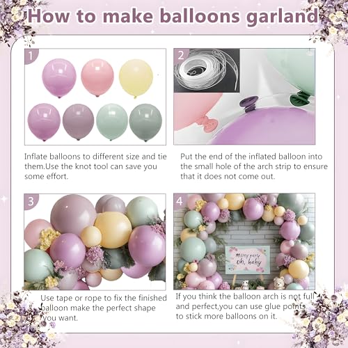 Image of Dusty Green Pink Purple Yellow Balloon arch kit,Double Stuffed Haze Purple Mauve Pink Ivory Sage Green Lilac Light Yellow Balloons Garland for Brithday Wedding Wild Flower Princess Party Decorations