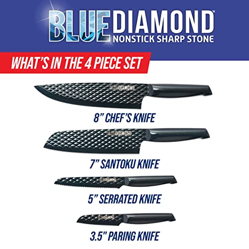 Blue Diamond Sharp Stone Nonstick Stainless Steel Cutlery, 4 Piece Set Including Chef Santoku Serrated And Pairing Knives With Covers, Diamond Texture Blade, Dishwasher Safe, Blue #TOP1