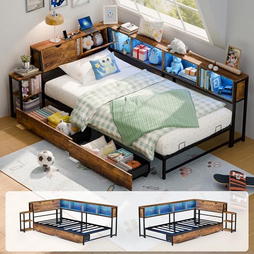 MU Twin Corner Bed Frame with Storage Bookcase and Headboard,