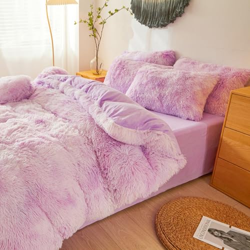 Shaggy Fluffy Tie Dye Lilac Comforter Cover Twin Set – Faux Fur Shaggy Tie Dye Lilac Bedding 2-Piece Set (1 Plush Duvet Cover + 1 Furry Pillow Sham) Cozy Bed Set