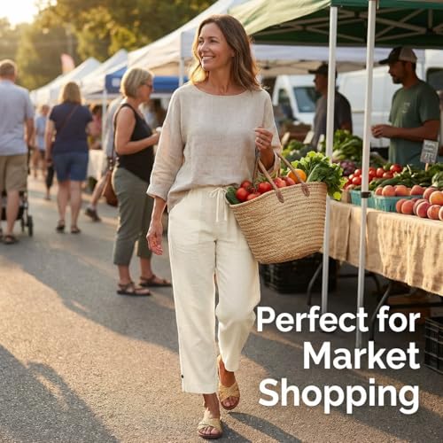 Image of Linen Pants Women 2026 Summer Beach Vacation Trousers Elastic Waist Linen Capris Pants Boho Casual Travel Pant