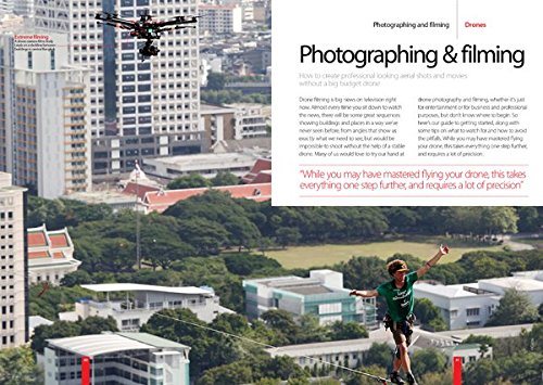 An open page from the manual showing a drone flying over a city skyline and a person on a slackline, with text about photographing and filming.