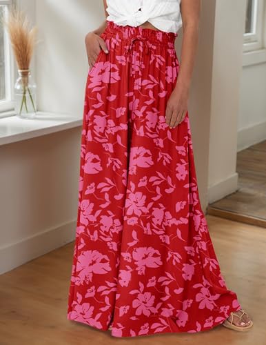 Women Casual High Waist Wide Leg Pants Summer Flowy Print Solid Long Palazzo Pants Lounge Beach Trousers with Pocket3