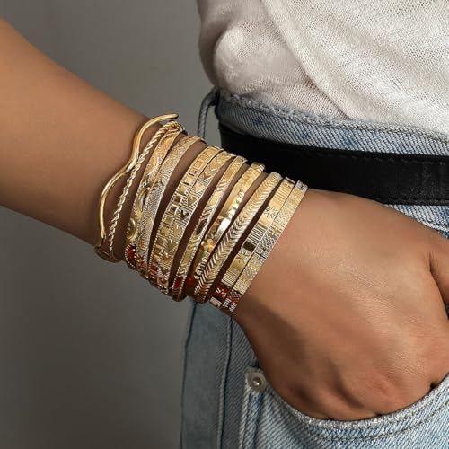 KISS WIFE 11 Pcs Gold Bangles for Women, Adjustable Bangle Bracelets, Multi Layer Open Stackable Cuff Bracelet Set, Fashion Accessories Jewelry Gifts for Women2