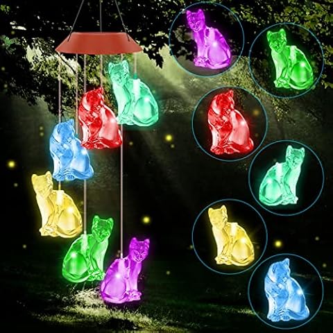 Cat Solar Wind Chimes, Cat Mobile Hanging Wind Chime for Grandma Mom Women Memorial Birthday Gifts Garden Yard Patio Outside Decor Cover