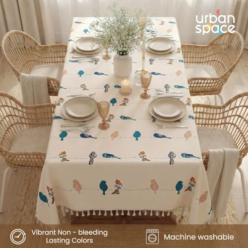 Image of Urban Space 100% Cotton Dining Table Cover 4 Seater, Printed Cotton Table Cloth for Center Table, Table Cover with Tassels (High Bird Blue, 4 Seater - 48 inch x 72 inch)