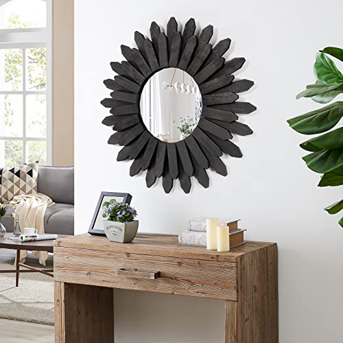 Image of Honiway 21 inch Black Wall Decor Vintage Mirror, Boho Style, Wooden Frame, Easy to Hang, Ideal Gift