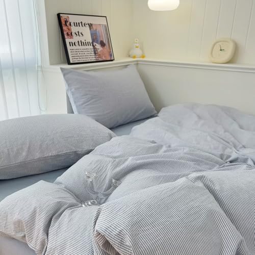 Image of MKXI Ultra-Breathable Washed Cotton Duvet Cover Set, Full 3-Piece Set - Fine Blue & White Stripes - Textured, Comfy Bedding - Coastal, Farmhouse, Minimalist Style