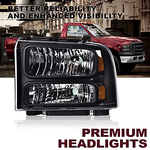CNNELL Headlights Assembly Compatible with 1999-2004 Ford Super Duty F250 F350 Truck Excursion Conversion Headlights Lamp(Clear lens Black Housing Amber Reflector)