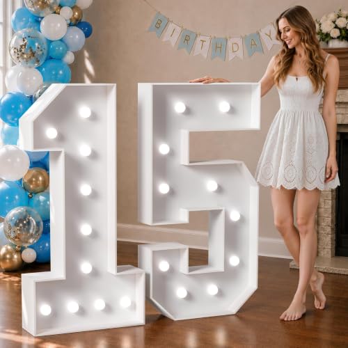 Image of Marquee Numbers 4 Feet Tall Big Light Up Numbers 15th Happy Birthday Decorations Girl Boy White Anniversary Party Decor Large Cardboard Prop Backdrop Sign 15 | Cool White Light, Large 15th Anniversary Party Decor, Big Stable Sign, Assembly Required, Foam Board 42 Pcs Accessory Set